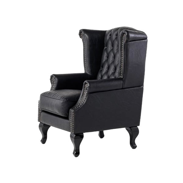オールドブラックPUレザーチェスターフィールドウイングバックシングルソファ(アームチェア)