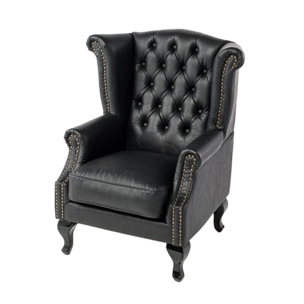 オールドブラックPUレザーチェスターフィールドウイングバックシングルソファ(アームチェア)
