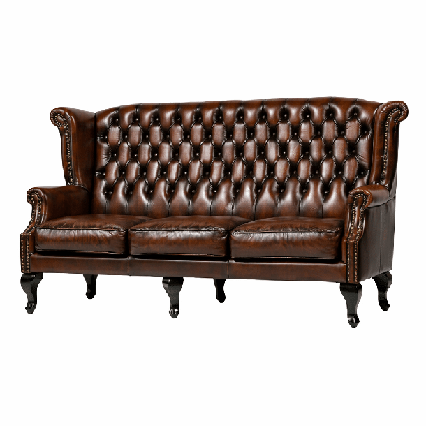 ウォッシュオフブラウンレザーチェスターフィールド3シーターウイングバックソファ