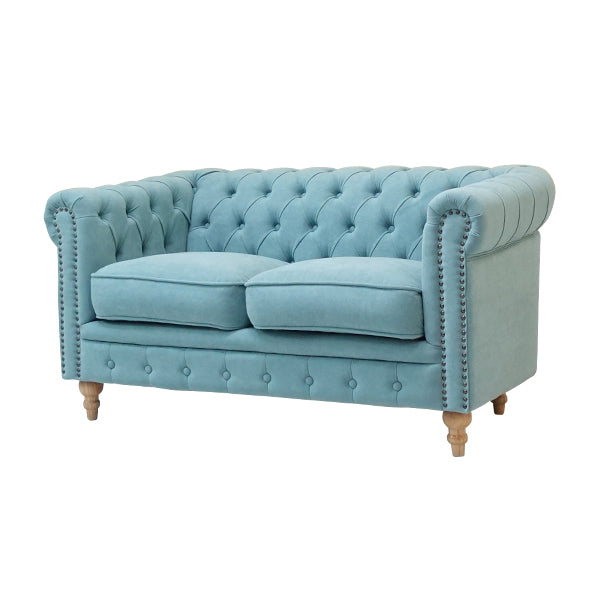 シャーベットブルーファブリックコンパクトチェスターフィールド2シーターソファ　VINCENT(ヴィンセント)