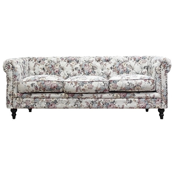 フラワーファブリックコンパクトチェスターフィールド3シーターソファ　VINCENT