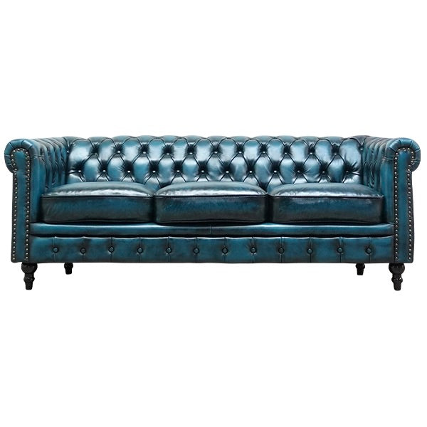 ウォッシュオフブルーレザーコンパクトチェスターフィールド3シーターソファ　VINCENT