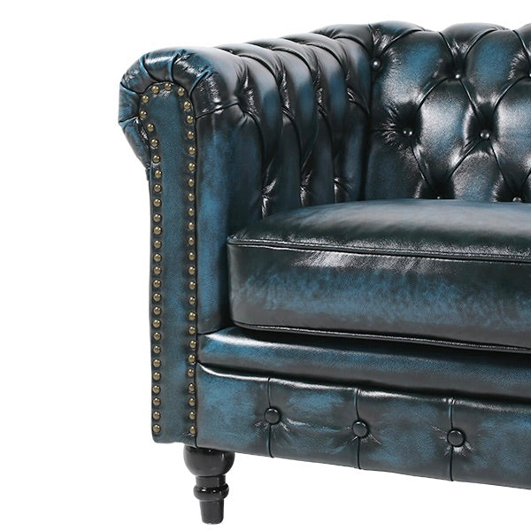 ウォッシュオフブルーレザーコンパクトチェスターフィールド3シーターソファ　VINCENT