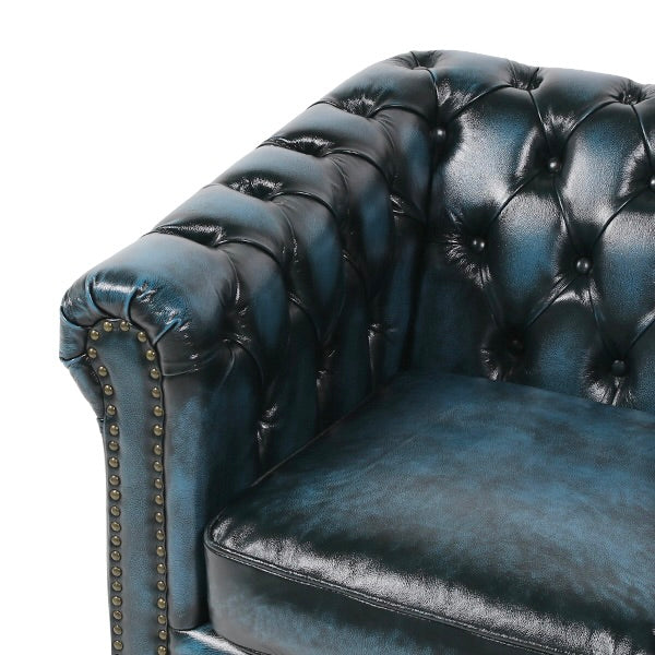 ウォッシュオフブルーレザーコンパクトチェスターフィールド3シーターソファ　VINCENT