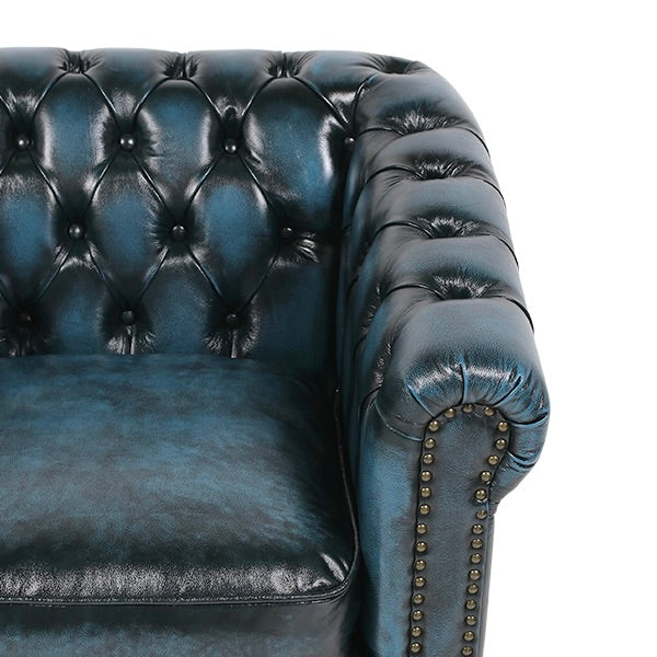 ウォッシュオフブルーレザーコンパクトチェスターフィールド3シーターソファ　VINCENT