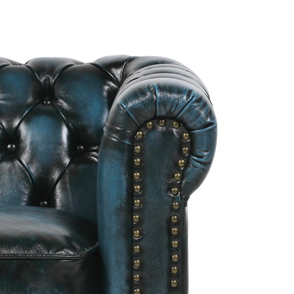 ウォッシュオフブルーレザーコンパクトチェスターフィールド3シーターソファ　VINCENT