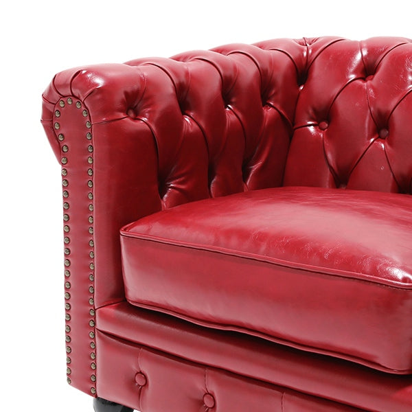 レッドPUレザーコンパクトチェスターフィールド2.5シーターソファ　VINCENT(ヴィンセント)