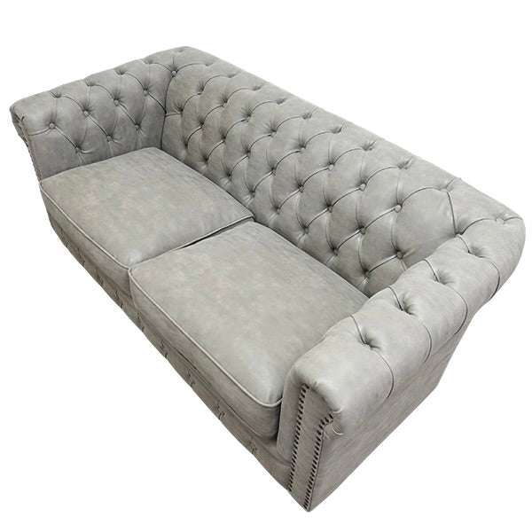 ライトグレーPUレザーコンパクトチェスターフィールド2.5シーターソファ　VINCENT(ヴィンセント)