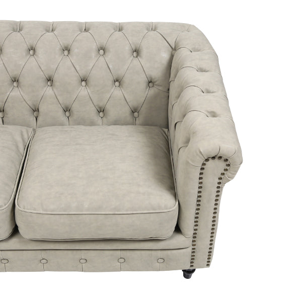 ライトグレーPUレザーコンパクトチェスターフィールド2.5シーターソファ　VINCENT(ヴィンセント)