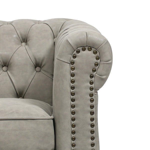 ライトグレーPUレザーコンパクトチェスターフィールド2.5シーターソファ　VINCENT(ヴィンセント)