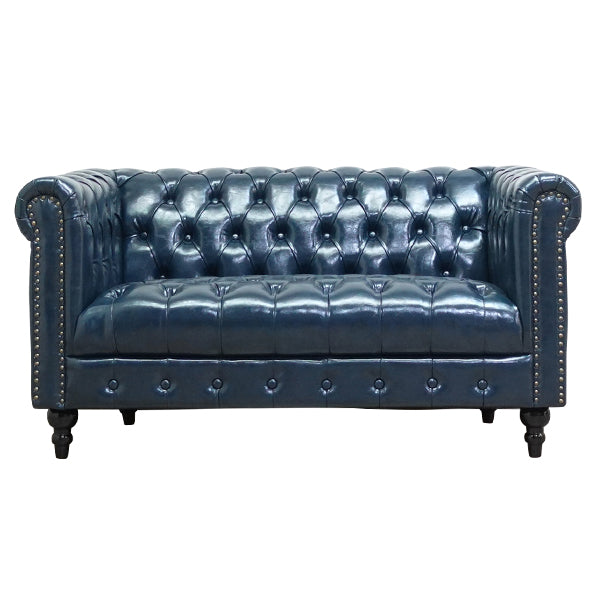 ネイビーブルーPUレザーコンパクトチェスターフィールド2シーターソファ　VINCENT