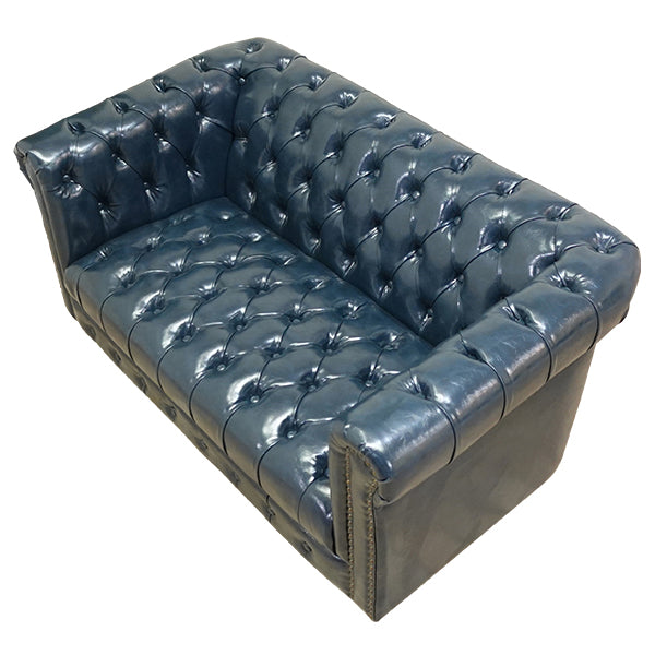 ネイビーブルーPUレザーコンパクトチェスターフィールド2シーターソファ　VINCENT