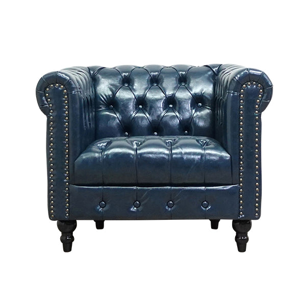 ネイビーブルーPUレザーコンパクトチェスターフィールドシングルソファ　VINCENT