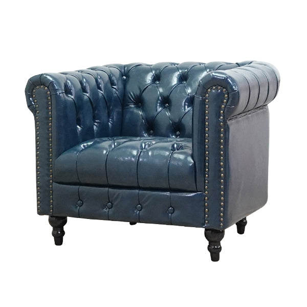 ネイビーブルーPUレザーコンパクトチェスターフィールドシングルソファ　VINCENT