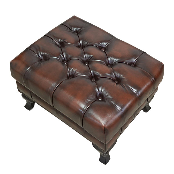 ウォッシュオフブラウンレザーチェスターフィールドスツール(オットマン)　VINCENT