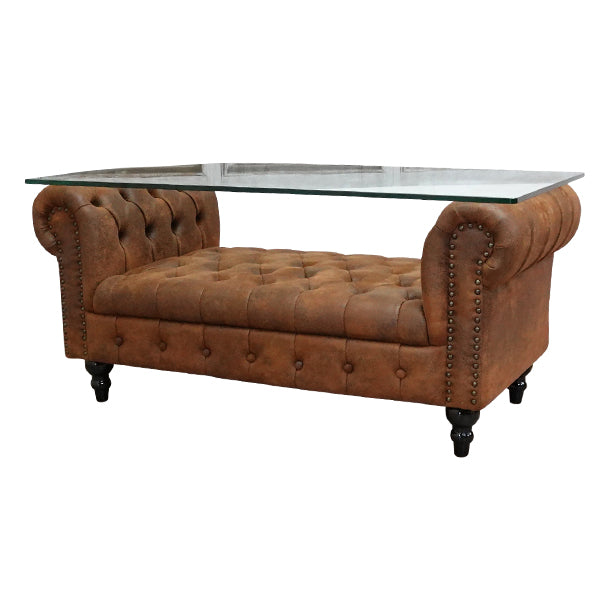 ガラストップチェスターフィールドローテーブル　ヴィンテージレザー調ファブリック　VINCENT