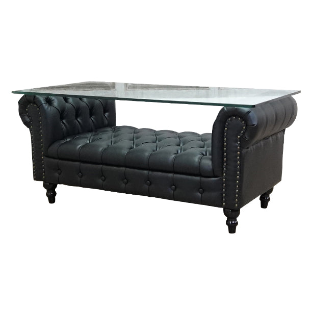 ガラストップチェスターフィールドローテーブル　ブラックPUレザー　VINCENT
