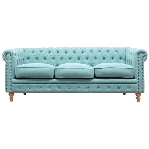 シャーベットブルーファブリックコンパクトチェスターフィールド3シーターソファ　VINCENT