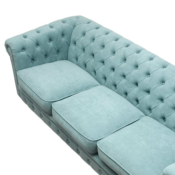 シャーベットブルーファブリックコンパクトチェスターフィールド3シーターソファ　VINCENT