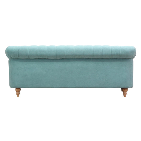 シャーベットブルーファブリックコンパクトチェスターフィールド3シーターソファ　VINCENT