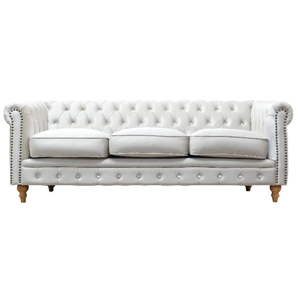 パールホワイトベルベットコンパクトチェスターフィールド3シーターソファ　VINCENT