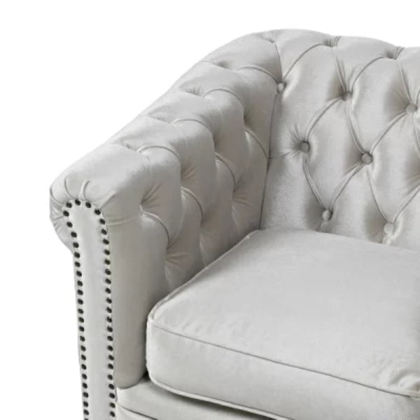 パールホワイトベルベットコンパクトチェスターフィールド3シーターソファ　VINCENT