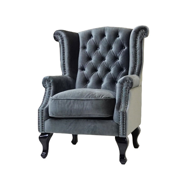 ブルーベルベットチェスターフィールドウイングシングルソファ(アームチェア)