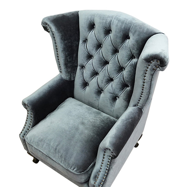 ブルーベルベットチェスターフィールドウイングシングルソファ(アームチェア)