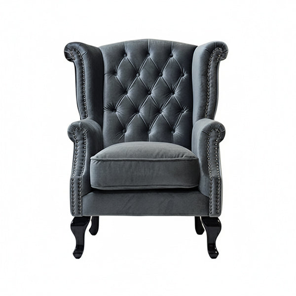 ブルーベルベットチェスターフィールドウイングシングルソファ(アームチェア)