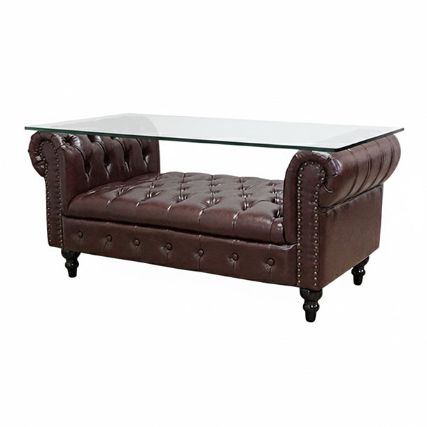 ガラストップチェスターフィールドローテーブル　ダークブラウンPUレザー　VINCENT