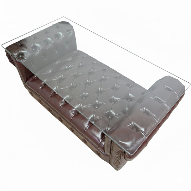 ガラストップチェスターフィールドローテーブル　ダークブラウンPUレザー　VINCENT