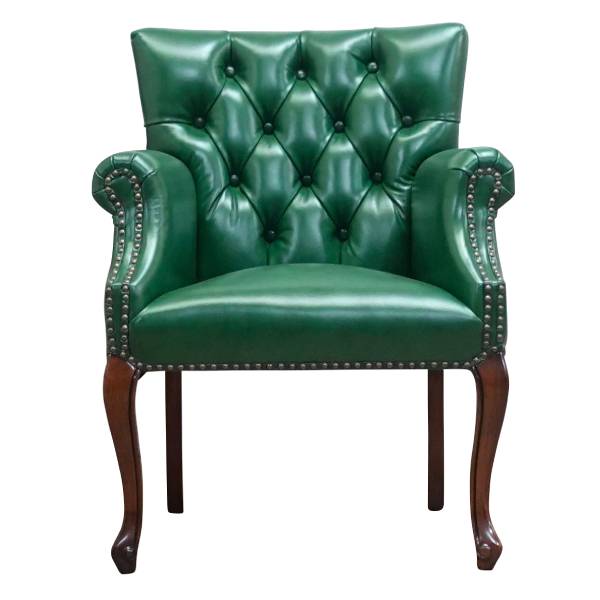 グリーンレザーカブリオールレッグチェスターフィールドラウンジアームチェア　VINCENT