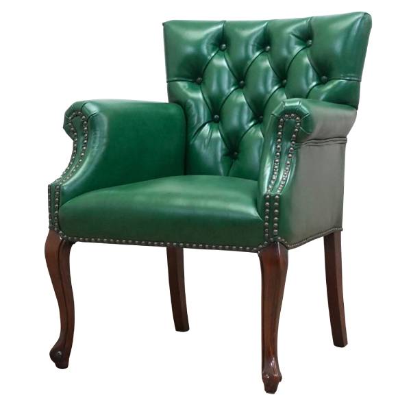 グリーンレザーカブリオールレッグチェスターフィールドラウンジアームチェア　VINCENT