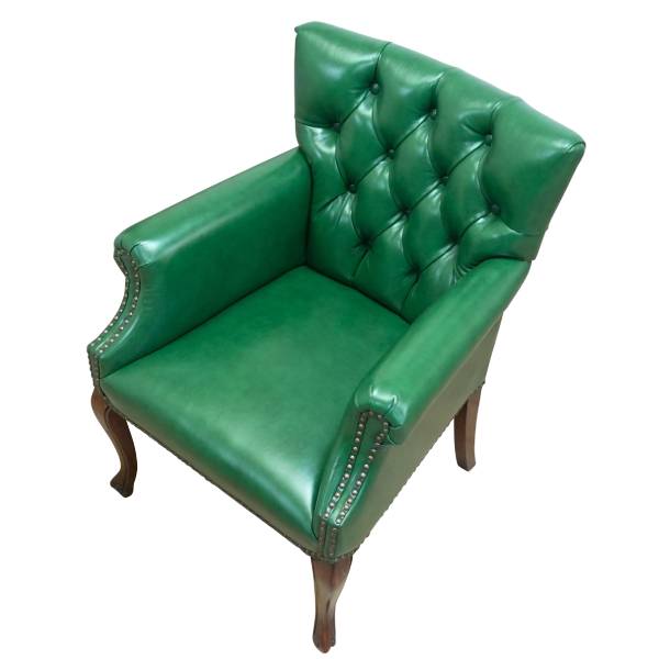 グリーンレザーカブリオールレッグチェスターフィールドラウンジアームチェア　VINCENT