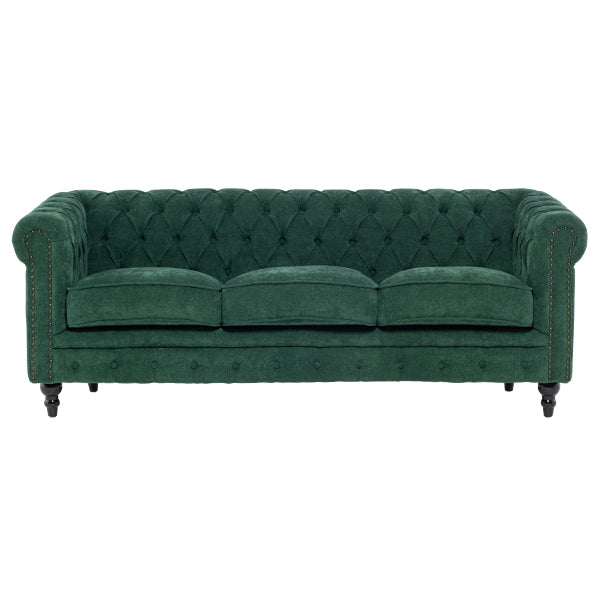 グリーンファブリックコンパクトチェスターフィールド3シーターソファ　VINCENT