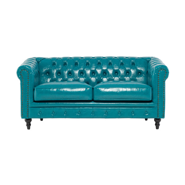 ターコイズブルーPUレザーコンパクトチェスターフィールド2.5シーターソファ　VINCENT(ヴィンセント)