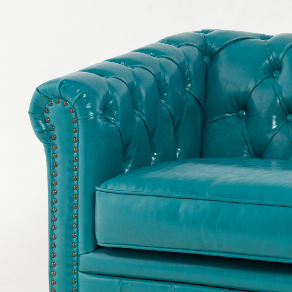 ターコイズブルーPUレザーコンパクトチェスターフィールド2.5シーターソファ　VINCENT(ヴィンセント)