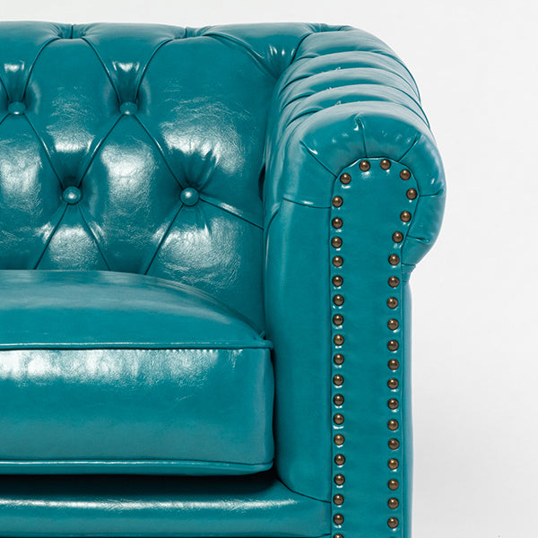 ターコイズブルーPUレザーコンパクトチェスターフィールド2.5シーターソファ　VINCENT(ヴィンセント)