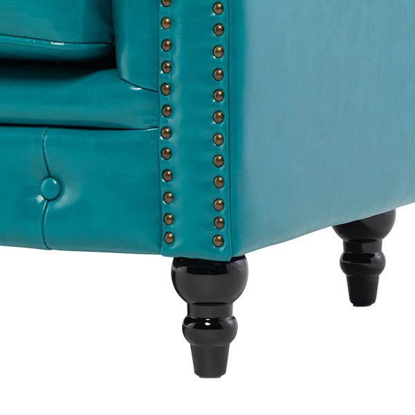 ターコイズブルーPUレザーコンパクトチェスターフィールド2.5シーターソファ　VINCENT(ヴィンセント)