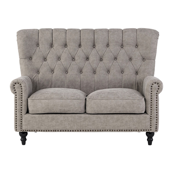 ライトグレーPUレザーレトロスタイルハイバック2シーターソファ