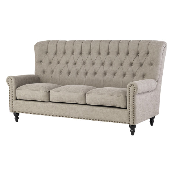 ライトグレーPUレザーレトロスタイルハイバック3シーターソファ