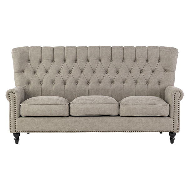 ライトグレーPUレザーレトロスタイルハイバック3シーターソファ