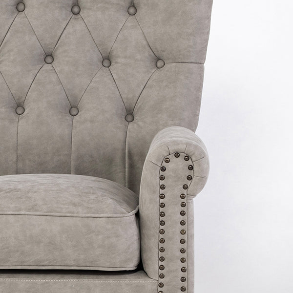 ライトグレーPUレザーレトロスタイルハイバック3シーターソファ