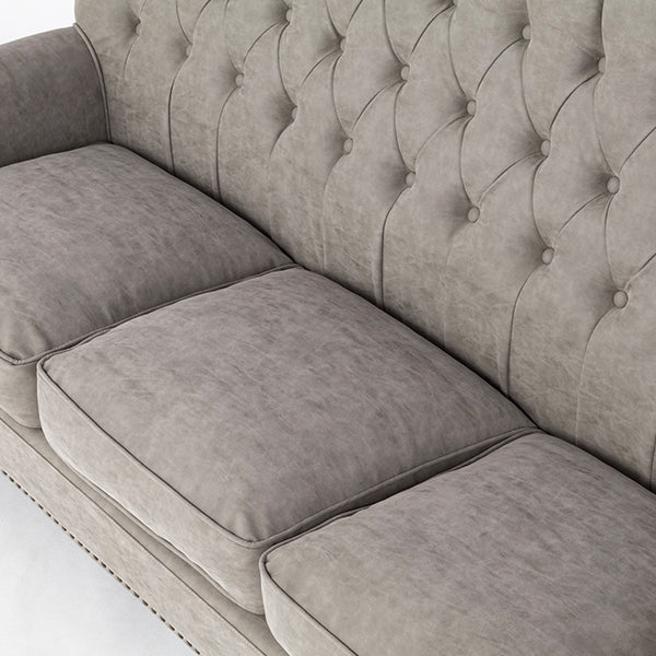 ライトグレーPUレザーレトロスタイルハイバック3シーターソファ