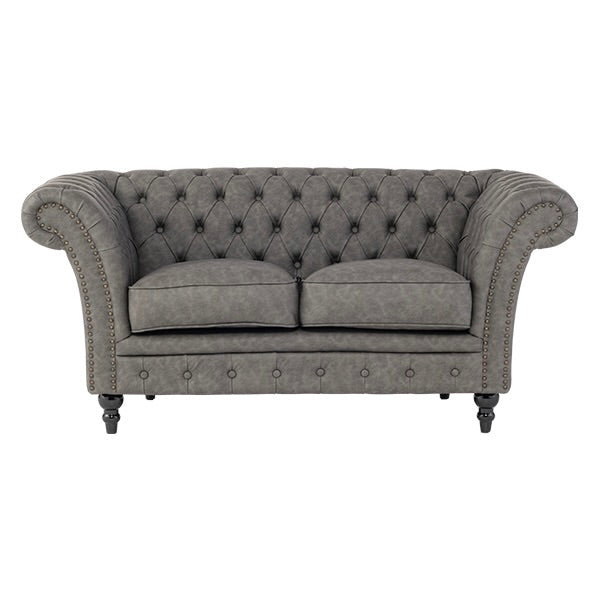 グレーPUレザーチェスターフィールド2シーターソファ　VINCENT(ヴィンセント)