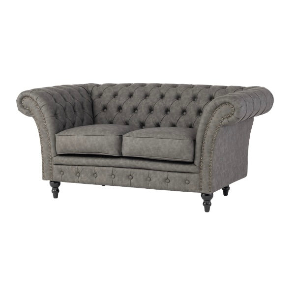 グレーPUレザーチェスターフィールド2シーターソファ　VINCENT(ヴィンセント)