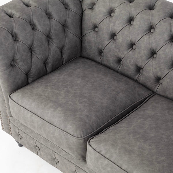 グレーPUレザーチェスターフィールド2シーターソファ　VINCENT(ヴィンセント)