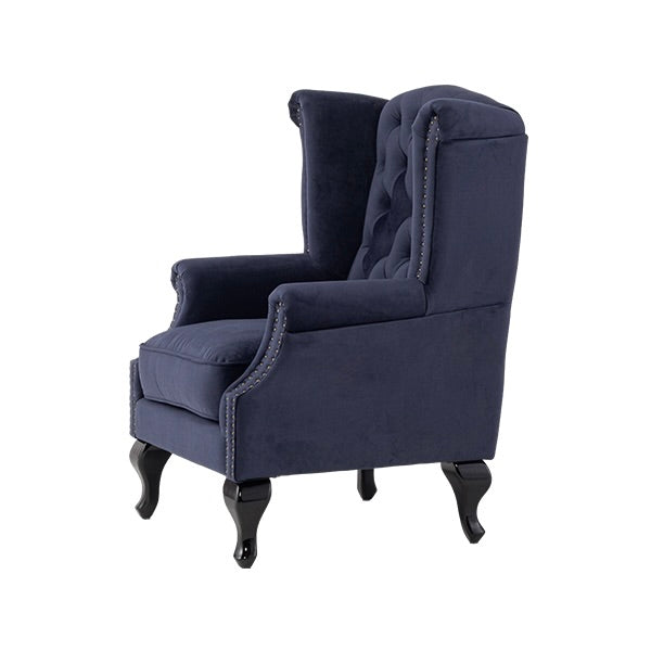 ロイヤルネイビーブルーファブリックチェスターフィールドウイングバックシングルソファ(アームチェア)