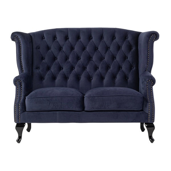 ロイヤルネイビーブルーファブリックチェスターフィールドウイングバックソファ(チェア)