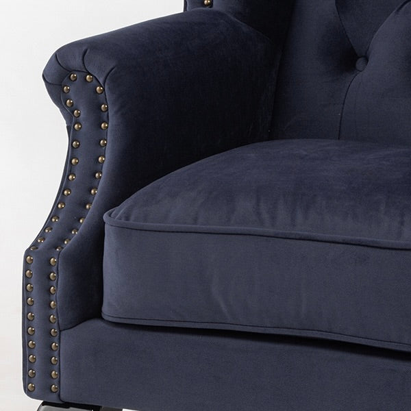 ロイヤルネイビーブルーファブリックチェスターフィールドウイングバックソファ(チェア)